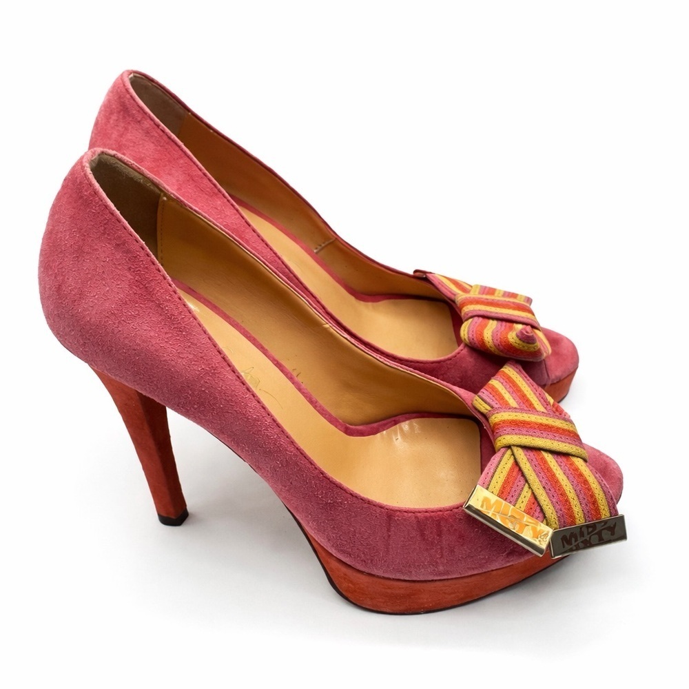 Miss Sixty Pink Suede Bow Peep-Toe High Heels – Size 37 (US 6.5-7)